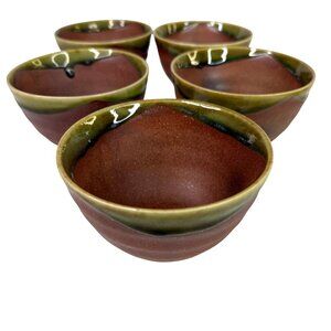 5 Hand Thrown Pottery Bowls Terracotta With Green Drip Glaze Edge Studio Art